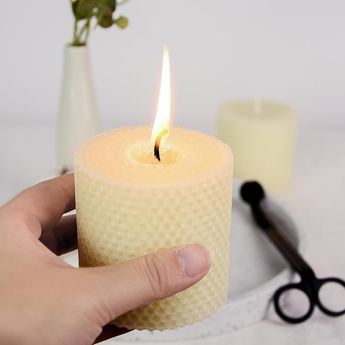 Beeswax Pillar Candles, 3x3 Inch White Hand-Rolled Honeycomb Pillar Candle Set of 2 - Dripless and Smokeless, Approx 9 Hours Hurn for Home Decor, Party, Wedding, Dinner