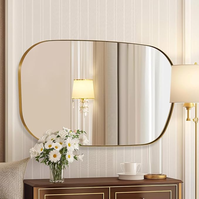 ANDY STAR 30"x48" Gold Wall Mirror，Brushed Brass Irregular Bathroom Mirror with Stainless Steel Metal Frame, Large Asymmetrical Mirror for Bathroom, Entryway (Horizontal/Vertical)