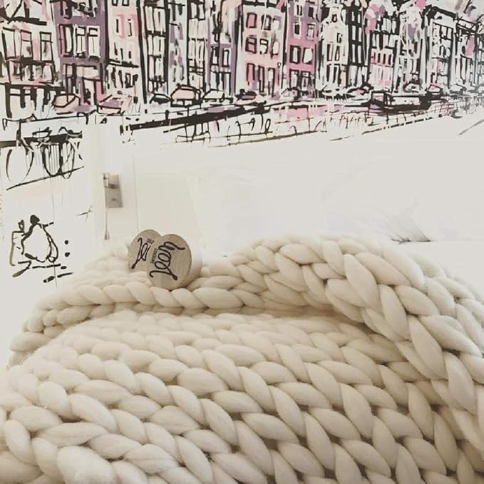 Chunky Knit Blanket Hand Made Merino Wool Throw Boho Bedroom Sofa Home Decor Giant Yarn(Ivory White 60"x60")