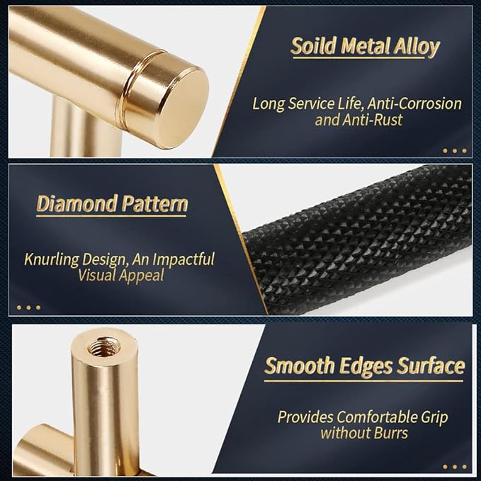 Knurled Cabinet Pulls 25 Pack, 6 Inch Long Cabinet Handles Metal Door Pulls, Kitchen Drawer Pull Knurled Dresser Handles - 5" Hole to Hole, Black & Gold