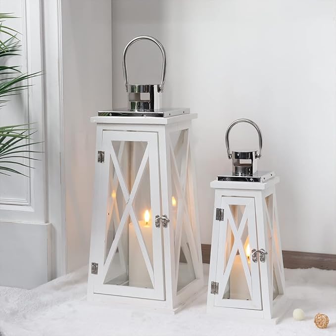 TRIROCKS Set of 2 Farmhouse Wooden Lantern 15.5''&22'' Metal Decorative Candle Holders with Tempered Glass Rustic Outdoor Lantern for Thanksgiving Christmas Patio Wedding Parties Indoor Outdoor(White)