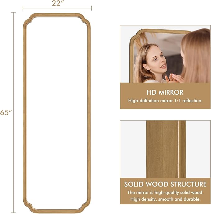 WallBeyond Full Length Mirror Wall Mounted 65"x22", Rustic Wooden Frame Floor Mirror, Large Full Body Mirror for Bedroom, Leaning or Hanging Against Wall (Naturl Solid Wood)