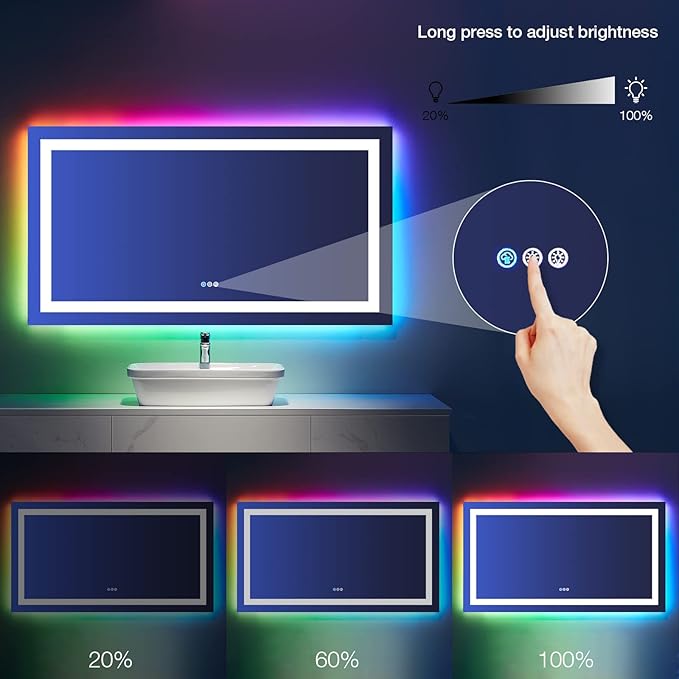 LOAAO 55X30 Inch RGB LED Bathroom Mirror with Lights, Anti-Fog, Dimmable Lighted Bathroom Vanity Mirror, Colorful Multiple Light Modes, RGB Backlit + Front Light, Memory Function