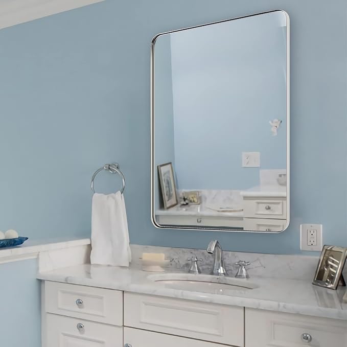 ANDY STAR Chrome Mirror for Bathroom, 30x36 Metal Frame Wall Mirror with Rounded Corner, Modern Rectangle Bathroom Vanity Mirror with Polish Finish…