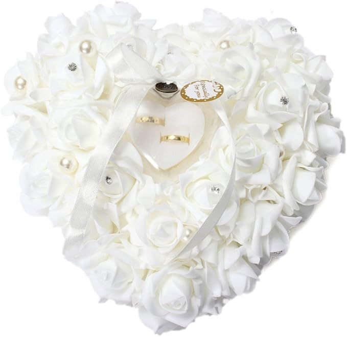 HONEYGIFTS Wedding Ring Pillow, Irovy Ring Bearer Holder Pillows Heart Shape Rose Lace Cushion for Wedding Party Anniversary Ceromony