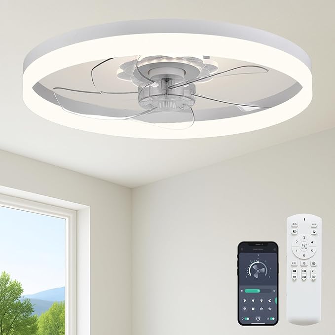23.6'' Ceiling Fan with Light, Upgraded Low Profile Fan, Flush Mount Ceiling Fan, 6 Speeds, Dimmable LED, App & Remote Control, Quiet DC Motor, for Bedroom, Living Room, F115 White