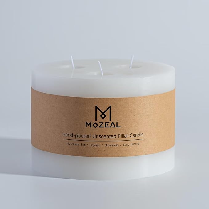 MOZEAL Extra Large 3 Wick White Pillar Candle, 6" x 6", Unscented, Dripless, Smokeless, and Clean-Burning. Approx. 80 Hours of Burn Time. Perfect for Weddings, Dinners, Christmas and Home Decor