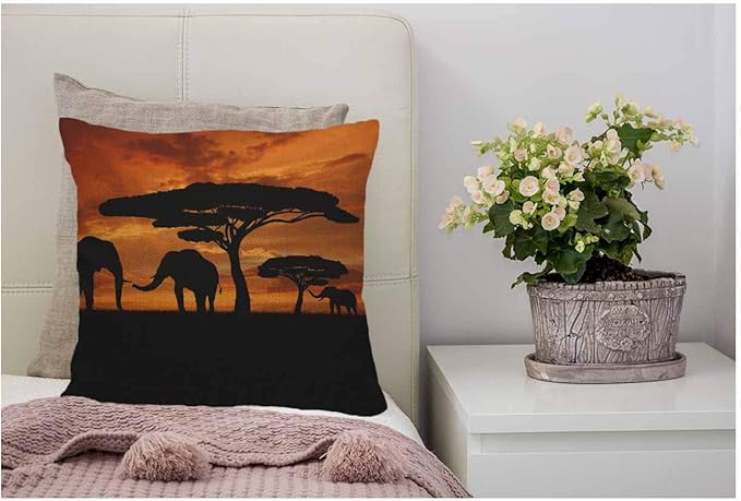 WONDERTIFY Throw Pillow Cover Case African Animal Elephants Family Walk Sunset,Soft Linen Pillow Case for Decorative Bedroom/Livingroom/Sofa/Farm House,Couch Pillow Cushion Covers 18x18 Inch 45x45 cm