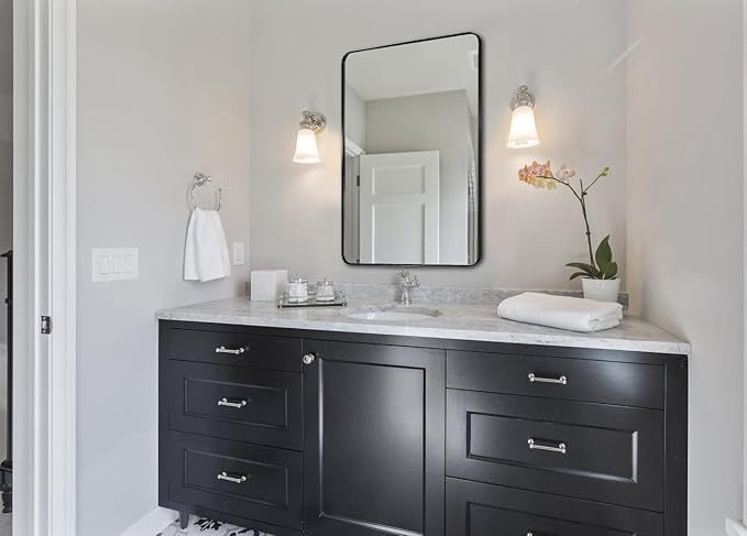 ANDY STAR Wall Mirror for Bathroom, 30"x40" Black Bathroom Mirror, Modern Rounded Rectangle Metal Frame Mirror for Vanity, Matte Stainless Steel