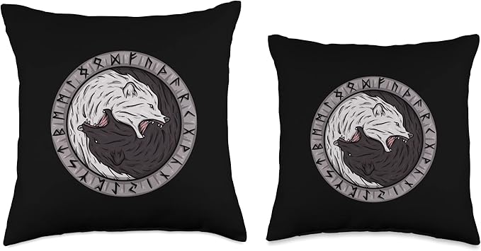 Nordic Country & Celtic Mythology Designs Viking Norway Norwegian Scandinavian Yin and Yang Wolf Odin Throw Pillow, 18x18, Multicolor