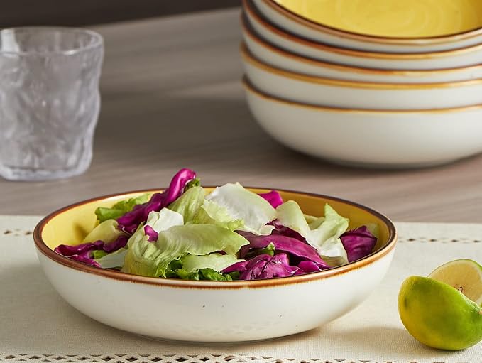 ONEMORE Porcelain Pasta Bowl 30 Oz, Large Ceramic Salad Serving Bowl/Oven, Set of 6 Kitchen Dinnerware, Microwave and Dishwasher Safe, Easy to Clean, Yellow