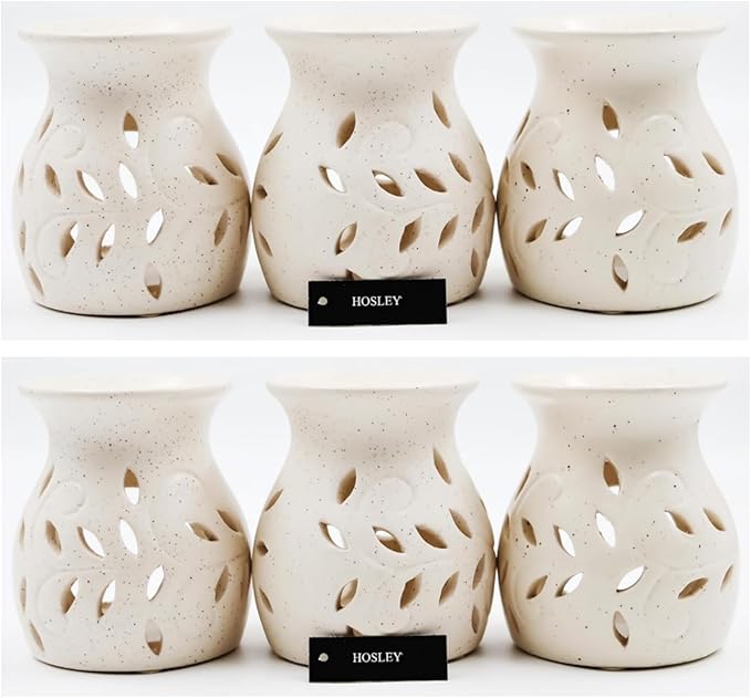 Hosley Elegant Ceramic Oil Warmers with Leaf Pattern and Speckle Design 4.5 Inches High Tealight Compatible for Aromatherapy and Home Decor Set of 6