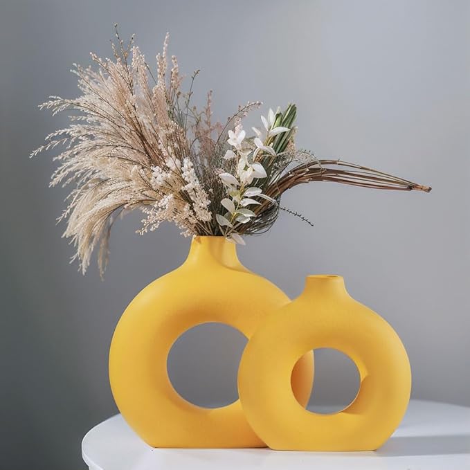 Yellow Ceramic Vase Set of 2 - Yellow Vase for Home Decor, Round Boho Vases for Pampas Grass and Flowers Decor, Modern Living Room, Bedroom, Fireplace, Farmhouse, and Centerpieces