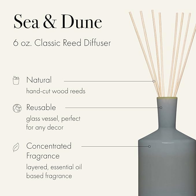 LAFCO New York Classic Reed Diffuser, Sea & Dune - 6 oz - Up to 3 Months Fragrance Life - Reusable Glass Vessel - Natural Wood Reeds - Made in The USA