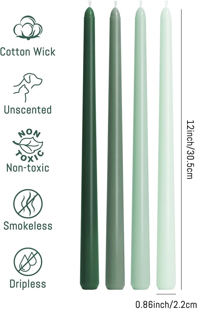Viyffo Taper Candles 12 Inch 4 Pack Green, 9 Hour Burn Unscented Dripless & Smokeless Decorative Candles for Dinner, Wedding & Home Decor