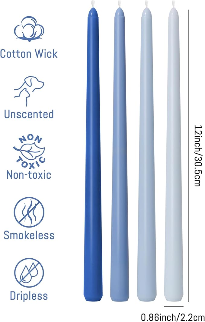 Viyffo Taper Candles 12 Inch 4 Pack Blue, 9 Hour Burn Unscented Dripless & Smokeless Decorative Candles for Dinner, Wedding & Home Decor
