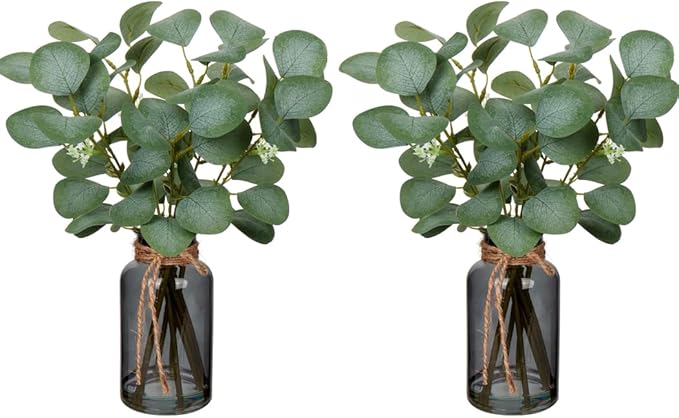 Briful Artificial Eucalyptus Stems in Black Glass Vase with Faux Water, 14" Fake Plant Eucalyptus Leaves for Home Office Farmhouse Wedding Centerpiece Décor, 2 Packs