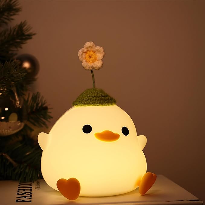 Attivolife Cute Duck Night Light, Animal Soft Silicone LED Lamp with Dimmable and Timer, Portable USB Rechargeable Bedroom Bedside Table Decor, Birthday Christmas Gifts for Girl Boy (Flower Hat)