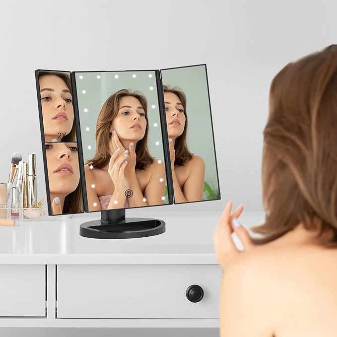 FASCINATE Lighted Makeup Mirror, 21 Bright LED Lights, 3x/2x/1x Magnifying Trifold LED Vanity Mirror, Touch Control Dimmable Brightness,180 ° Rotaion