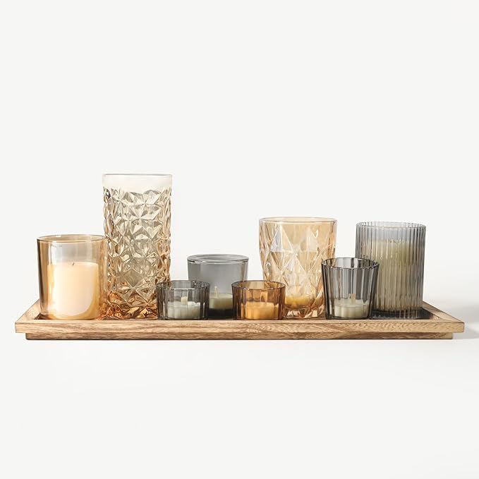 Rustic Wooden Tray with 8 Brown Glass Votive Candle Holders, Decorative Tea Light Holder Set for Mantel, Centerpiece, Dining Table Centerpiece Set, and Home Decor(Set of 8 Pieces)