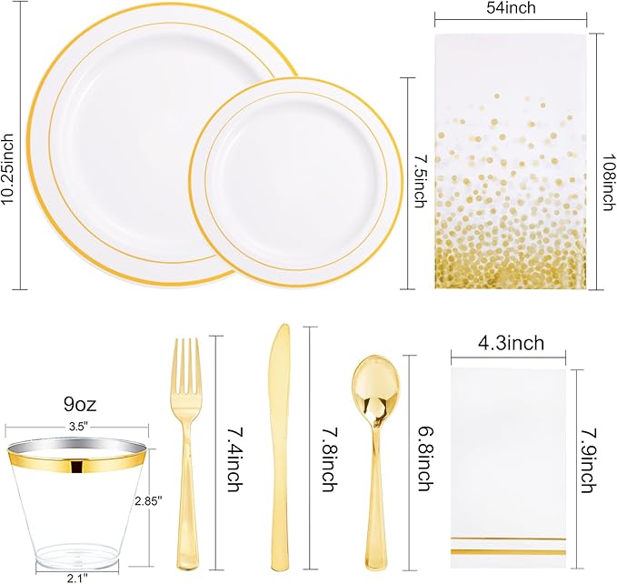 GATHER 176 Pieces Gold Dinnerware Disposable - White and Gold Plastic Plates Includes 50 Plates, 25 Plastic Silverware, 25 Napkins, 25 Cups and 1 Tablecloth for Wedding Party Thanksgiving