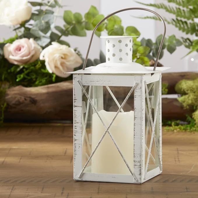 Kate Aspen Rustic Shelf Decor Luminous Vintage Tea Light Votive Candle Holders, Medium Metal Decorative Lantern, Distressed White