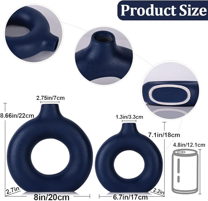 Blue Ceramic Vases Set - 2 Circular Donut Vases for Farmhouse or Country Style Decor, Modern Blue Accents for Living Room, Table Centerpiece, Fireplace Mantel or Entryway Shelf Decoration