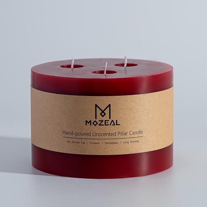 MOZEAL Extra Large 3 Wick Dark Red Pillar Candle, 6" x 6", Unscented, Dripless, Smokeless, and Clean-Burning. Approx. 80 Hours of Burn Time. Perfect for Weddings, Dinners, Christmas and Home Decor