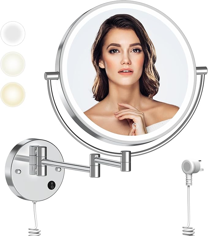 Rocollos 9" Plug-in Wall Mounted Lighted Makeup Mirror 1X/10X Magnification, Super Large Double Sided LED Vanity Mirror for Bathroom, 3 Color Dimmable 360°Swivel Extendable Shaving Cosmetic Mirror