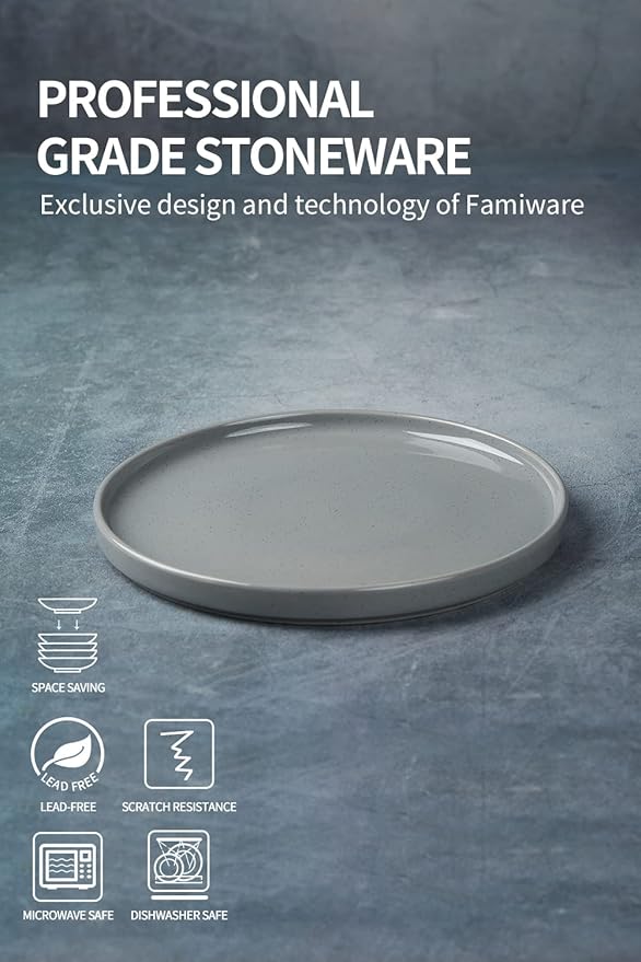 famiware Nebula 6 Pieces Salad Plates Set, 8 inch Dessert Plates, Scratch Resistant, Stoneware Dinnerware, Kitchen Modern Rustic Serving Dishes, Deep Gray
