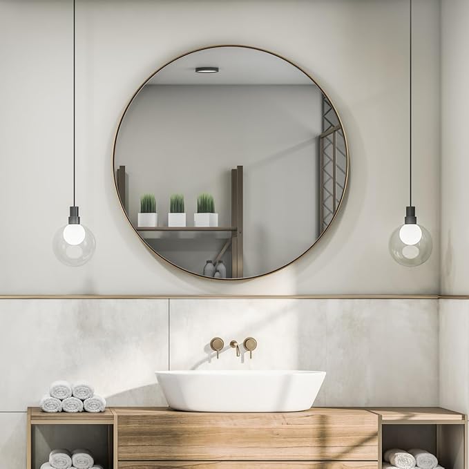 ANDY STAR Gold Round Mirror, 36’’ Brushed Gold Circle Bathroom Mirrors in Stainless Steel Metal Frame 1" Deep Set Design