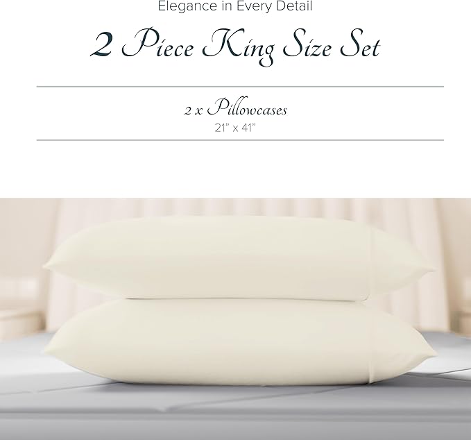 Carressa Linen 100% Egyptian Cotton Pillow Cases King Size Set of 2 - Luxury 1500 Thread Count Sateen Ivory Pillow Covers, Soft & Breathable 5 Star Hotel-Quality Pillowcases, Fits King Pillows