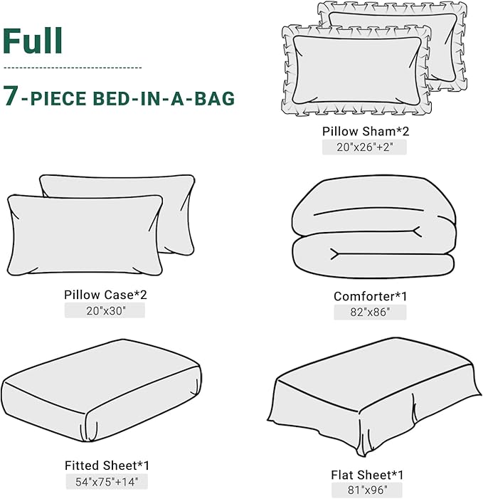 JOLLYVOGUE Green Full Size Comforter Sets 7 Pieces, Pintuck Bed in a Bag Comforter Set for Bedroom, Bedding Comforter Sets with Comforter, Sheets,Ruffled Shams & Pillowcases