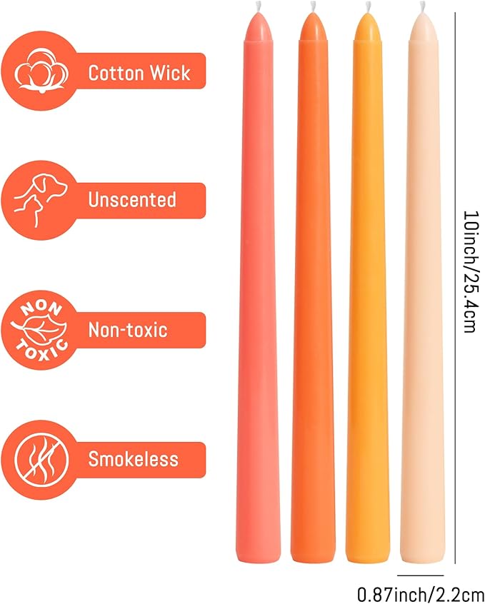 Viyffo 10 Inch Taper Candles-12 Pack Orange, Unscented, Dripless, Smokeless– 8 Hour Burn – Long Tall Tapered Candlesticks for Wedding, Dinner, Holiday, Party, Home Decor Natural Color Series