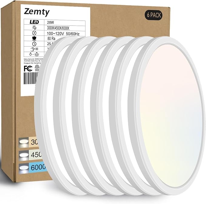 zemty 6Pack 12 Inch LED Flush Mount Ceiling Light, Super Slim 28W 3200lm LED Ceiling Light, 3 Color Temperature in One 3000k/4500k/6000K Round Light Fixture for Bedroom, Kitchen, Dining Room (White)