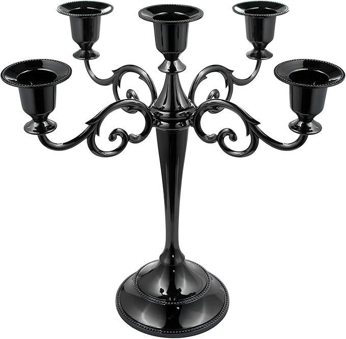 5-Candle Metal Candelabra 10.2 Inch Tall Candlestick Candle Holders for Home Decor Wedding Christmas Church Halloween Party, Black