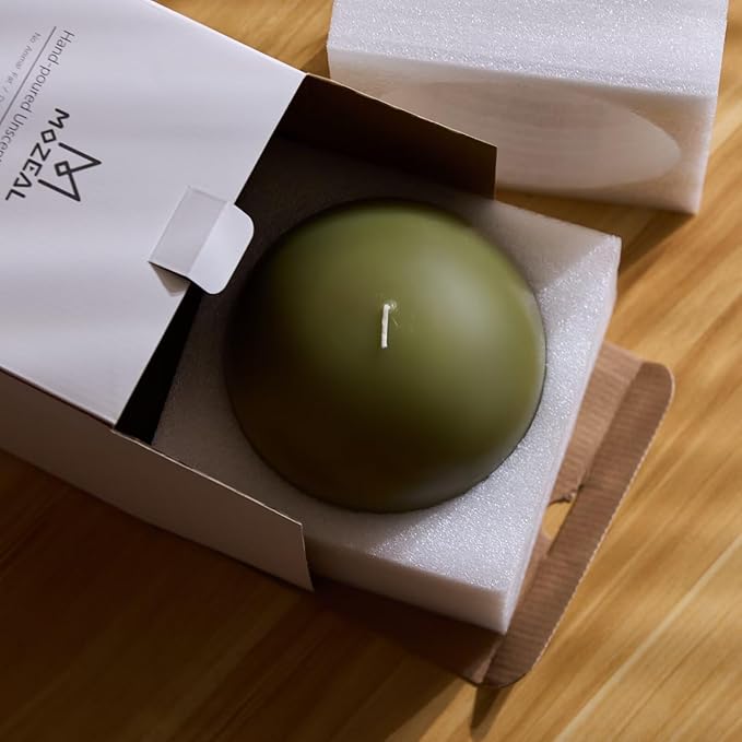 MOZEAL Hand-Poured, 6 Inch Olive Green Large Round Ball Candles - Elegant Olive Green Round Pillar Candles, Dripless, Unscented, Smokeless, Ideal for Autumn Gatherings.