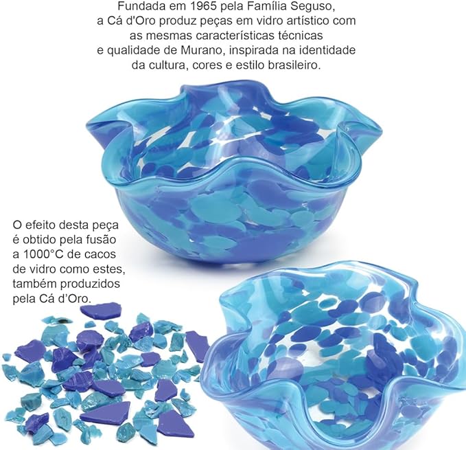 Ca D Oro Murano Style Decorative Blue Glass Bowl Confetti Effect Hand Blown Art Glass Crystal for Home, Room Decoration and Centerpiece - Waved