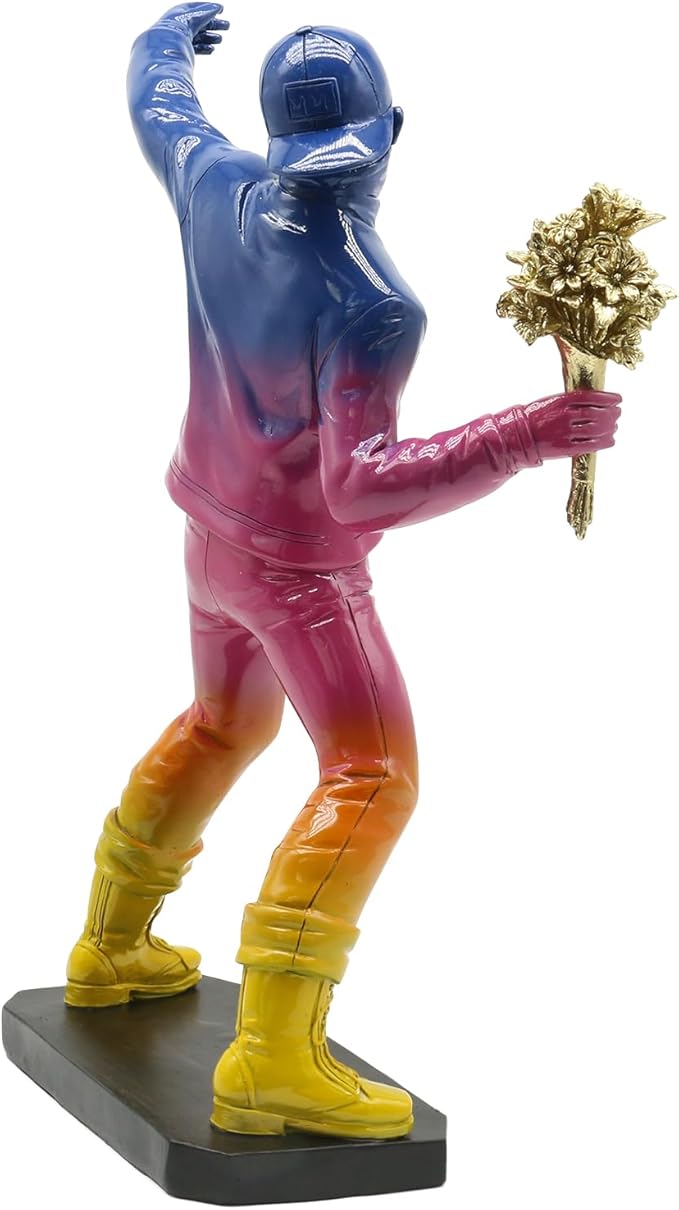 POTAMI Banksy Flower Thrower Sculpture 15.75 inch Graffiti Art Statue with Gold Bouquet Replica Gradient Color Accent Inspirational Home Decor Shelf Gift,Cool Stuff to Put on Shelves