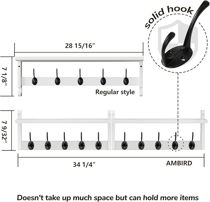 AMBIRD 34.2" L Wooden Wall Coat Hooks with Shelf - Versatile and Decorative Wall-Mounted Storage - 10 Hooks for Hanging Coats, Hats, Keys, Bags, Scarves - Ideal for Entryways, Bedrooms, Closets(White)