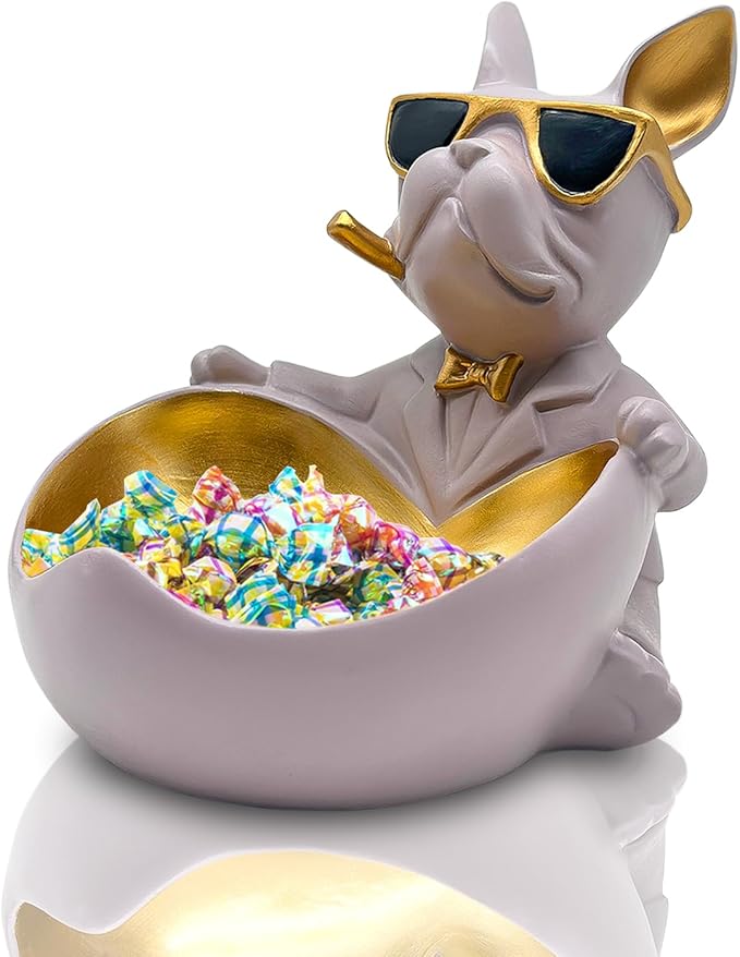 Bulldog Candy Bowl Decor, Heart-shaped Key Holder Bowl Candy Dish, Bulldog Accessories, Resin Bulldog Statue for Office Desk Home Decor Figurines Entryway Table Decor (Purple Grey)