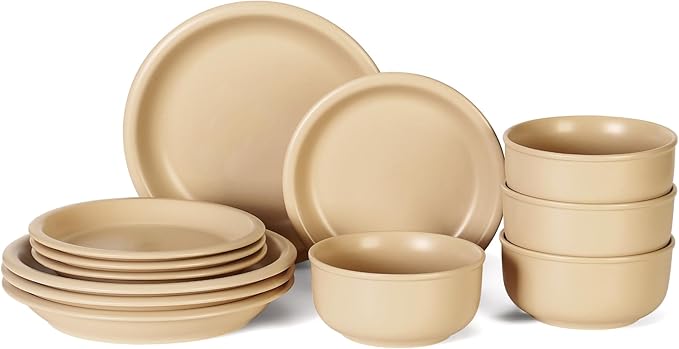 GZG Vintage Series - Ceramic Dinnerware Set for 4, 12 Pieces Stoneware Plates and Bowls Set, Lead-Free, Handcrafted Dishes Set, Microwave & Dishwasher Safe - Warm Apricot