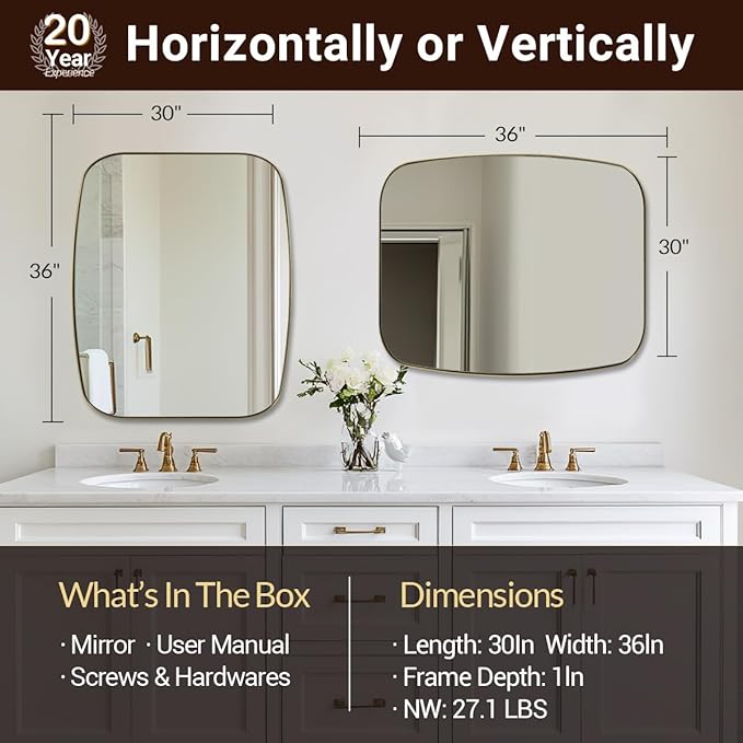 ANDY STAR 30x36” Gold Bathroom Mirror, Oblong Brass Mirror with Stainless Steel Metal Frame, Brushed Gold Oval Vanity Mirror for Over Sink, Modern Anti Rust Wall Mounted
