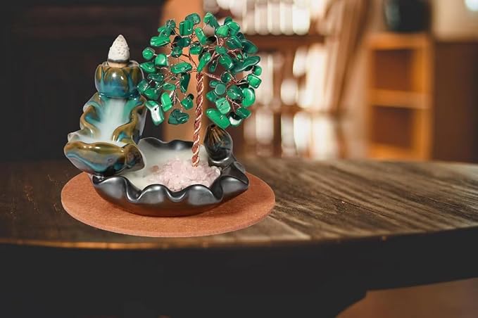 Malachite Waterfall Incense Burner, Money Tree Backflow Incense Holder Healing Crystal Stone, with 30 Backflow Incense Cones + 30 Incense Stick for Yoga Meditation Home Zen Decoration