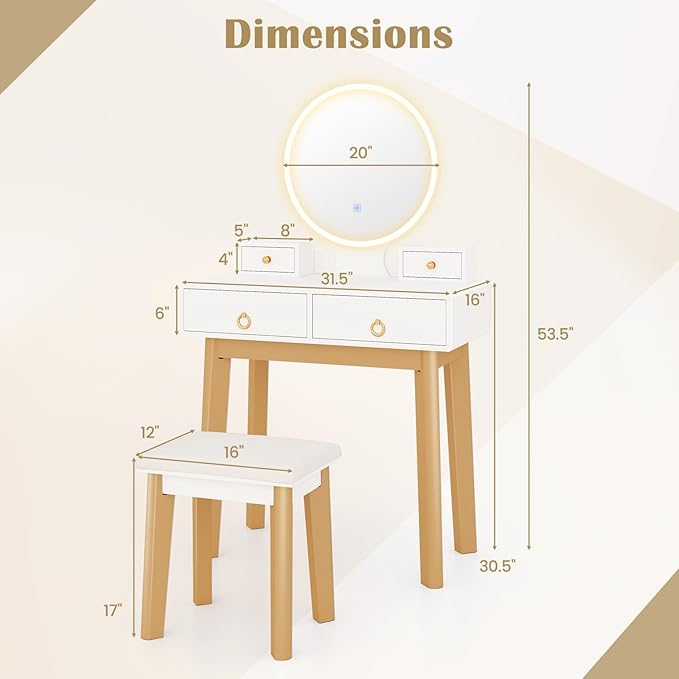 CHARMAID Vanity Desk with Mirror and Lights, White Makeup Vanity Desk with 4 Drawers, 3 Color Lighting Modes, Adjustable Brightness, Modern Dressing Table with Vanity Stool for Girls Small Bedroom