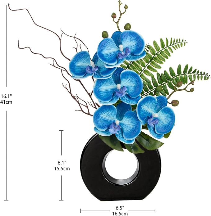 Briful Blue Orchid Fake Flowers with Black Vase, 16.1'' Artificial Orchid Silk Flowers Faux Orchid Arrangement for Home Office Room Table Centerpiece Modern Decoration