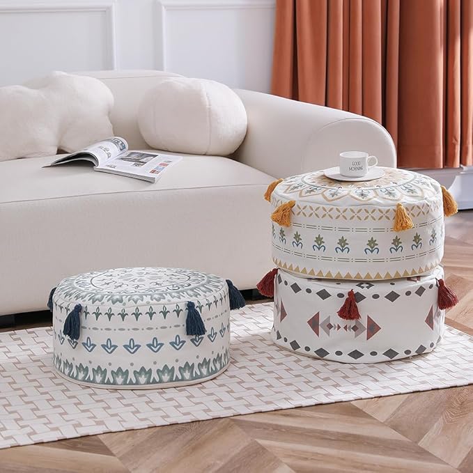 MOCOFO Round Unstuffed Pouf Cover D45xH20cm Scandinavian Simplicity Geometric Print Floor Cushion - Washable Ottoman for Living Room Home Decor