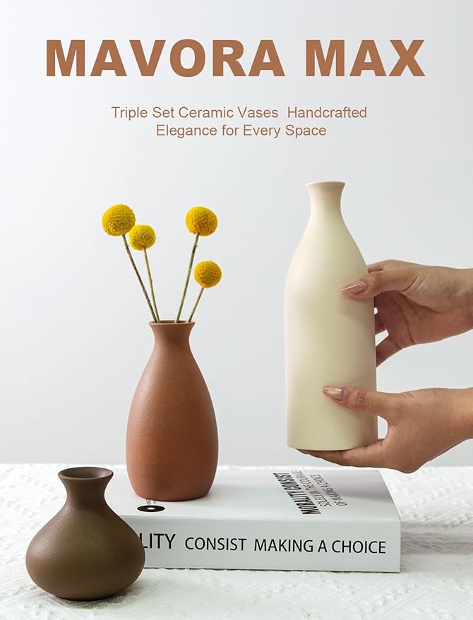 Ceramic Vase Set of 3 Modern Neutral, Flower Vases for Centerpieces, Vases Home Decor Rustic Farmhouse Decor for Table, Shelves, Enterway, Living Room, Bedroom, Office, Kitchen (Brown Grey White)