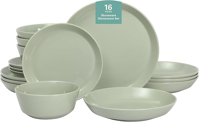 Gibson Home Summer Shades 16 Piece Plates and Bowls Dishes Service for 4 Porcelain Dinnerware Set - Green