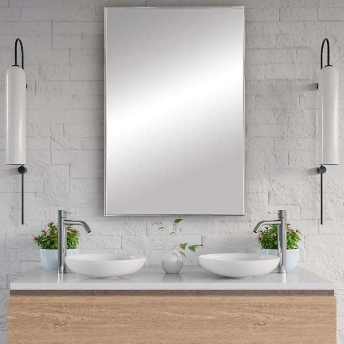 Frame My Mirror Silver Metal Framed Mirror, 30" x 36" Mirror for Bathroom, Metal Frame, True Reflections Glass, Satin Nickel Finish, Stanton Design, Hangs Horizontally or Vertically, Made in USA